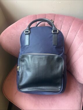 Lo & Sons Rowledge Laptop Backpack - Navy with Brown Pocket
